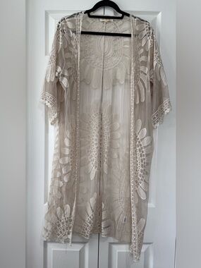 Boho Lace Kimono Duster Cream Embroidered Sheer Cover Up Medium Festival